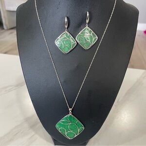 Sterling Silver 925 CP Jade Swirl Overlay Pendant Necklace & Earrings